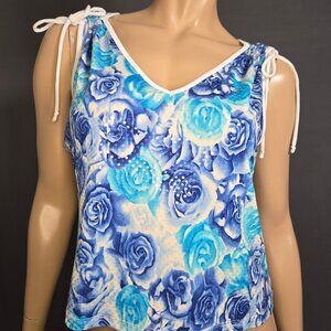 Y2K Blue Rose Print Shimmer Top Size L Short Cropped Sleeveless Fairy